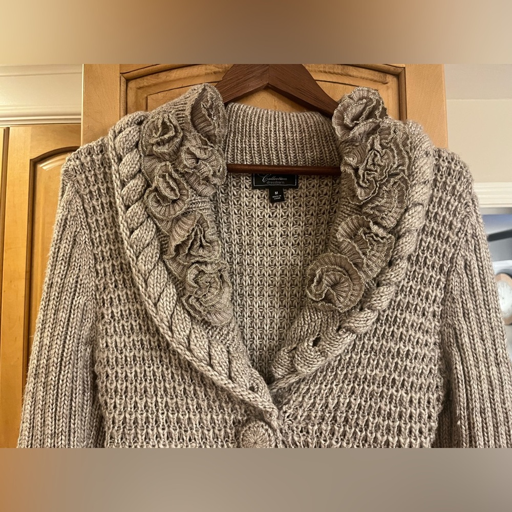 DressBarn Collection Long Heavy Knit Sweater with Ruffle Floral Collar - Picture 2 of 4